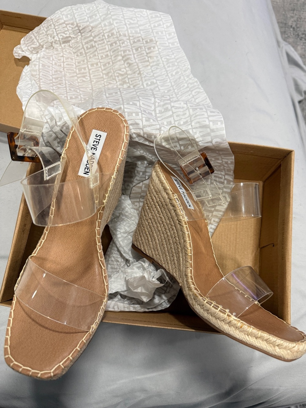 Steve Madden Clear Strap Espadrille Wedges in Clear and Tan